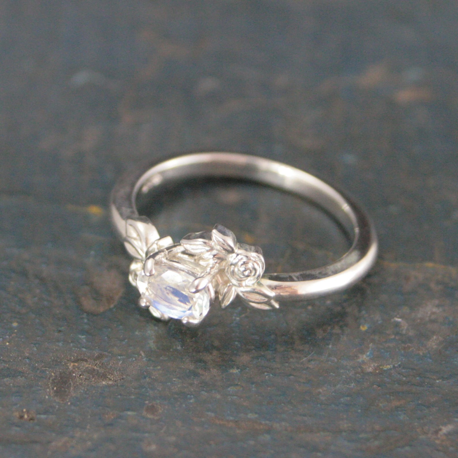 Oval Moonstone Ring Floral Rose Silver Ring Romantic Rose Ring 6x4mm Horizontal Facetted Oval Moonstone Ring Victorian Rose Flower Ring