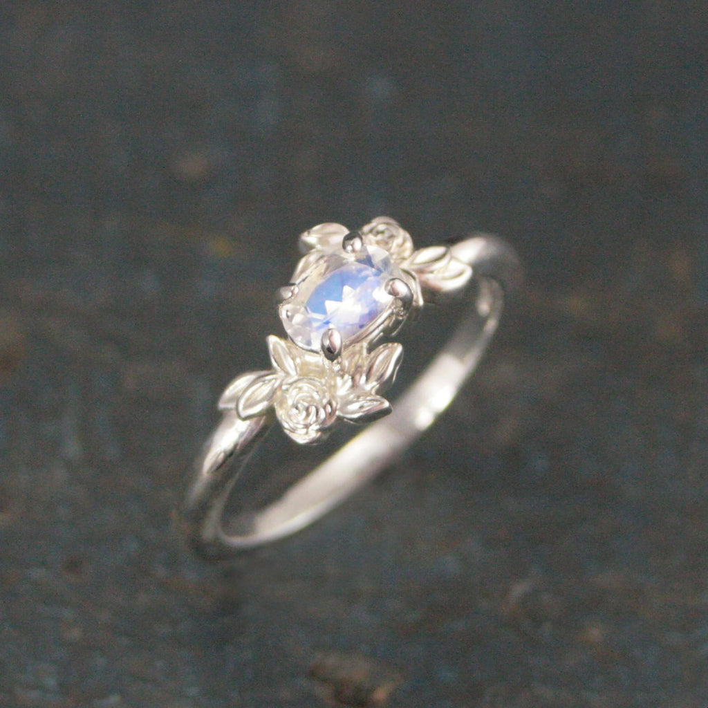 Oval Moonstone Ring Floral Rose Silver Ring Romantic Rose Ring 6x4mm Horizontal Facetted Oval Moonstone Ring Victorian Rose Flower Ring