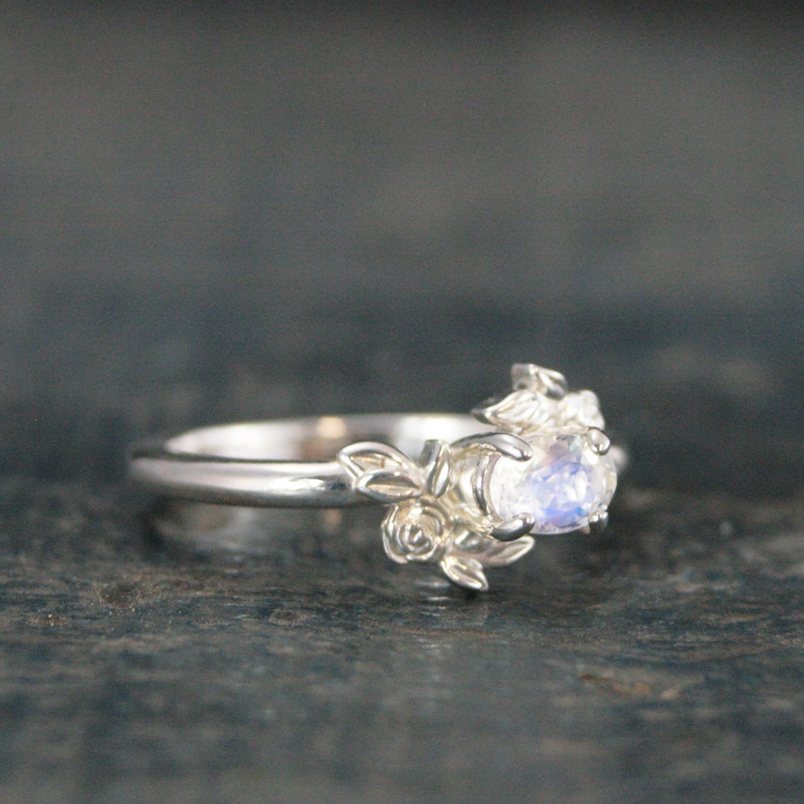 Oval Moonstone Ring Floral Rose Silver Ring Romantic Rose Ring 6x4mm Horizontal Facetted Oval Moonstone Ring Victorian Rose Flower Ring