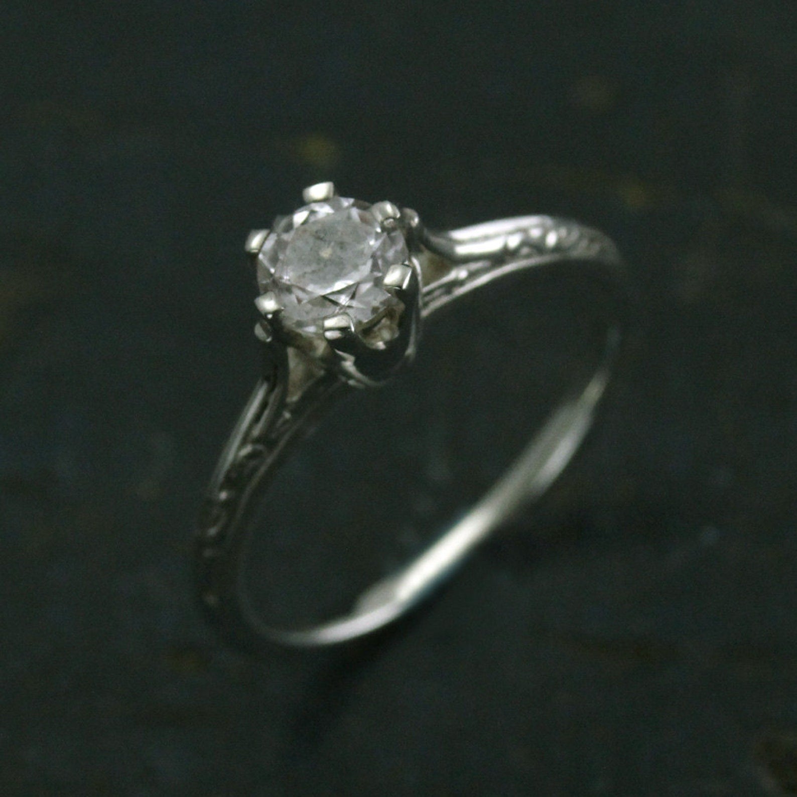 Ariel's Ring Atlantis Engagement Ring Sterling Silver Engagement Ring Vintage Style Six Prong Solitaire Setting Engraved Knife Edge Ring