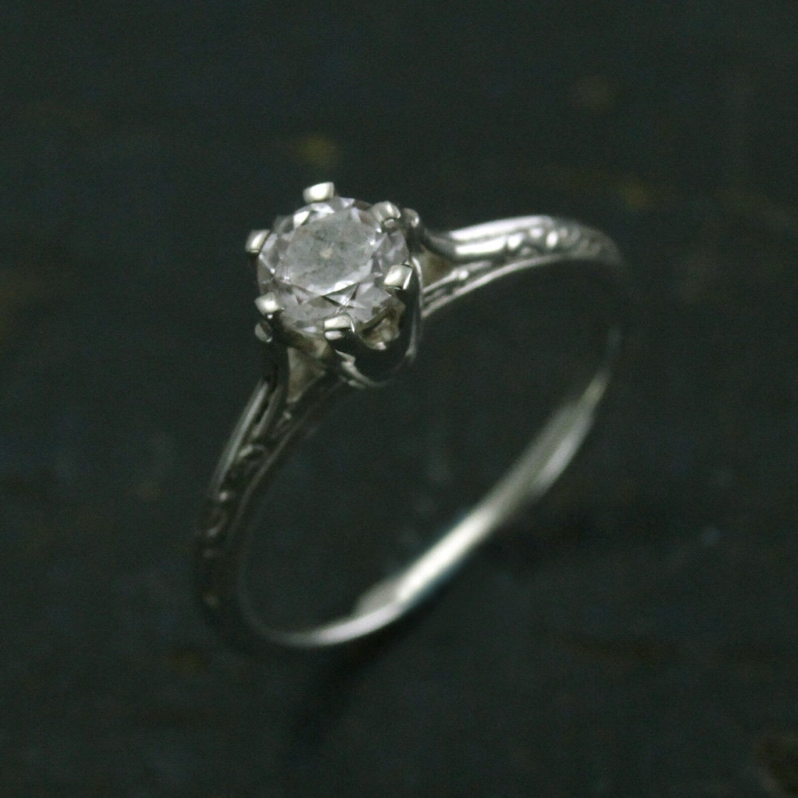 SALE Ariel's Ring Atlantis Engagement Ring Silver Engagement Ring Vintage Style Six Prong Solitaire Setting Engraved Knife Edge Ring