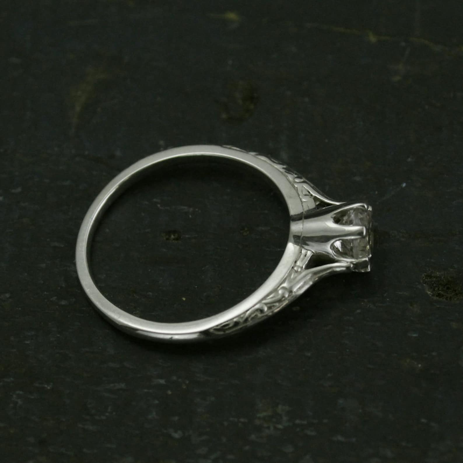 Ariel's Ring Atlantis Engagement Ring Sterling Silver Engagement Ring Vintage Style Six Prong Solitaire Setting Engraved Knife Edge Ring