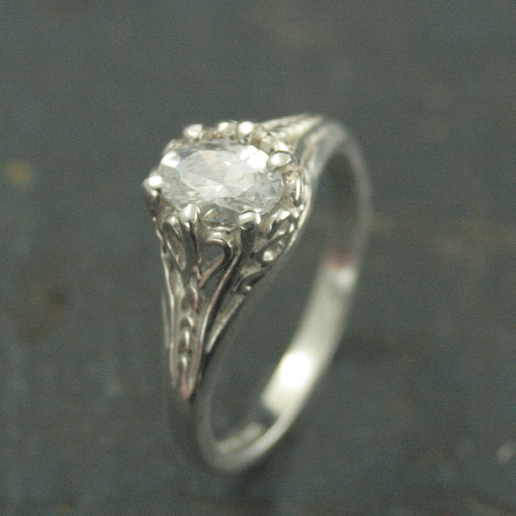 Aurora White Topaz Ring Sterling Silver Engagement Ring Vintage Design Ring Antique Style Ring Victorian Style Ring Oval Stone Ring