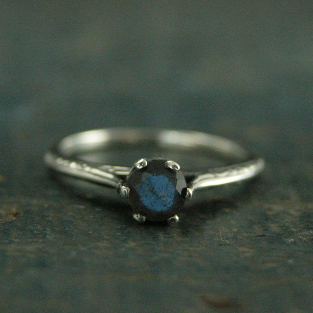 Atlantis Labradorite Engagement Ring--Full Cut Labradorite Ring--Sterling Silver Engagement Ring--Vintage Style Six Prong Solitaire Setting