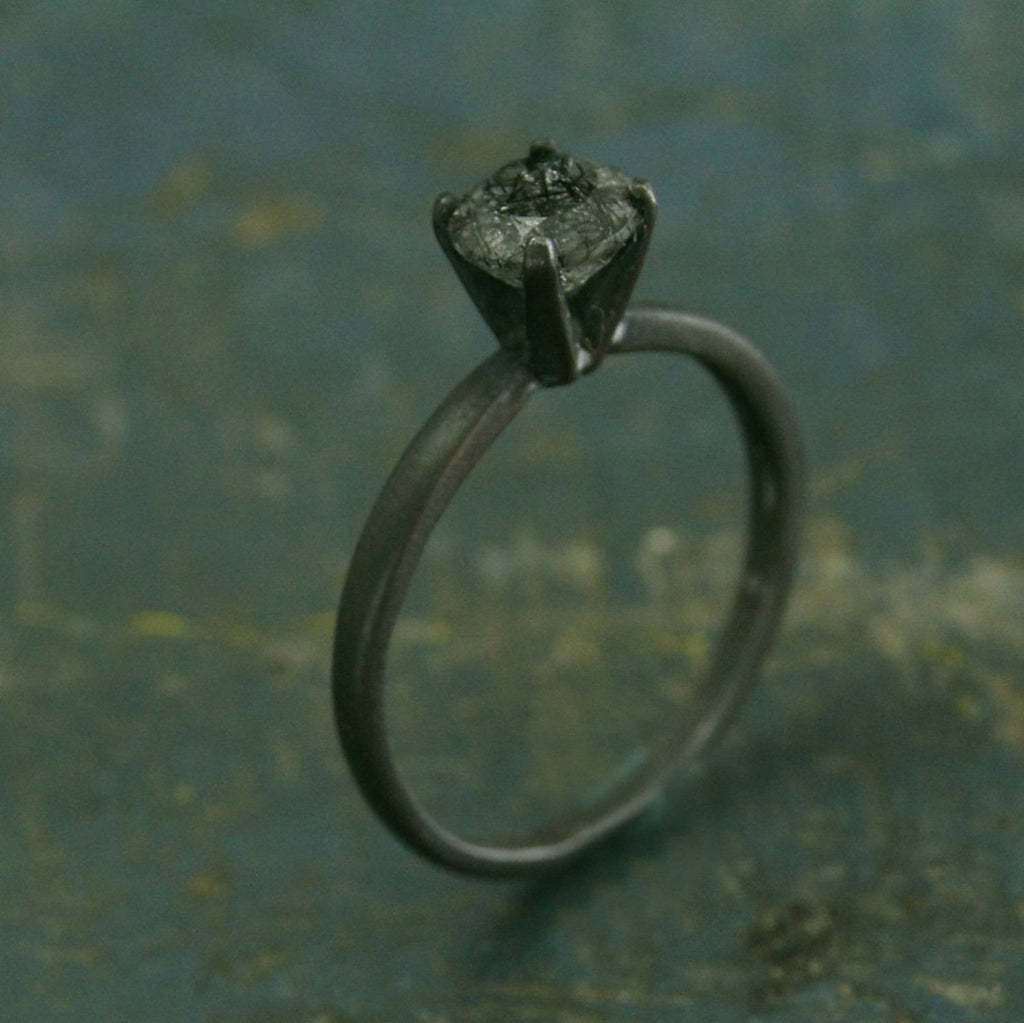 Flat Black Engagement Ring Oxidized Black Ring Rutilated Quartz Engagement Ring Black Stone Ring Dark Stone Engagement Simple Black