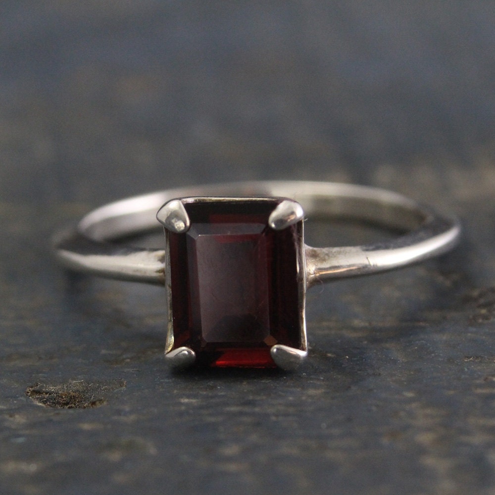 Garnet Ring--Emerald Cut Stone--Red Stone Ring--Blood Moon Ring--Alternative Engagement Ring--Silver Solitaire Ring--Unique Engagement Ring