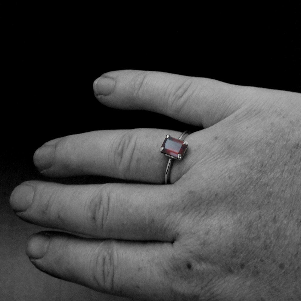 Garnet Ring--Emerald Cut Stone--Red Stone Ring--Blood Moon Ring--Alternative Engagement Ring--Silver Solitaire Ring--Unique Engagement Ring