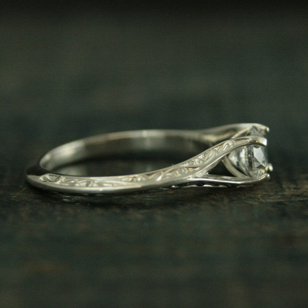 SALE Sterling Silver Engagement Ring Rapunzel Unique Engagement Ring Cathedral Setting Vine Embossed Ring White Topaz Ring CZ Promise Ring