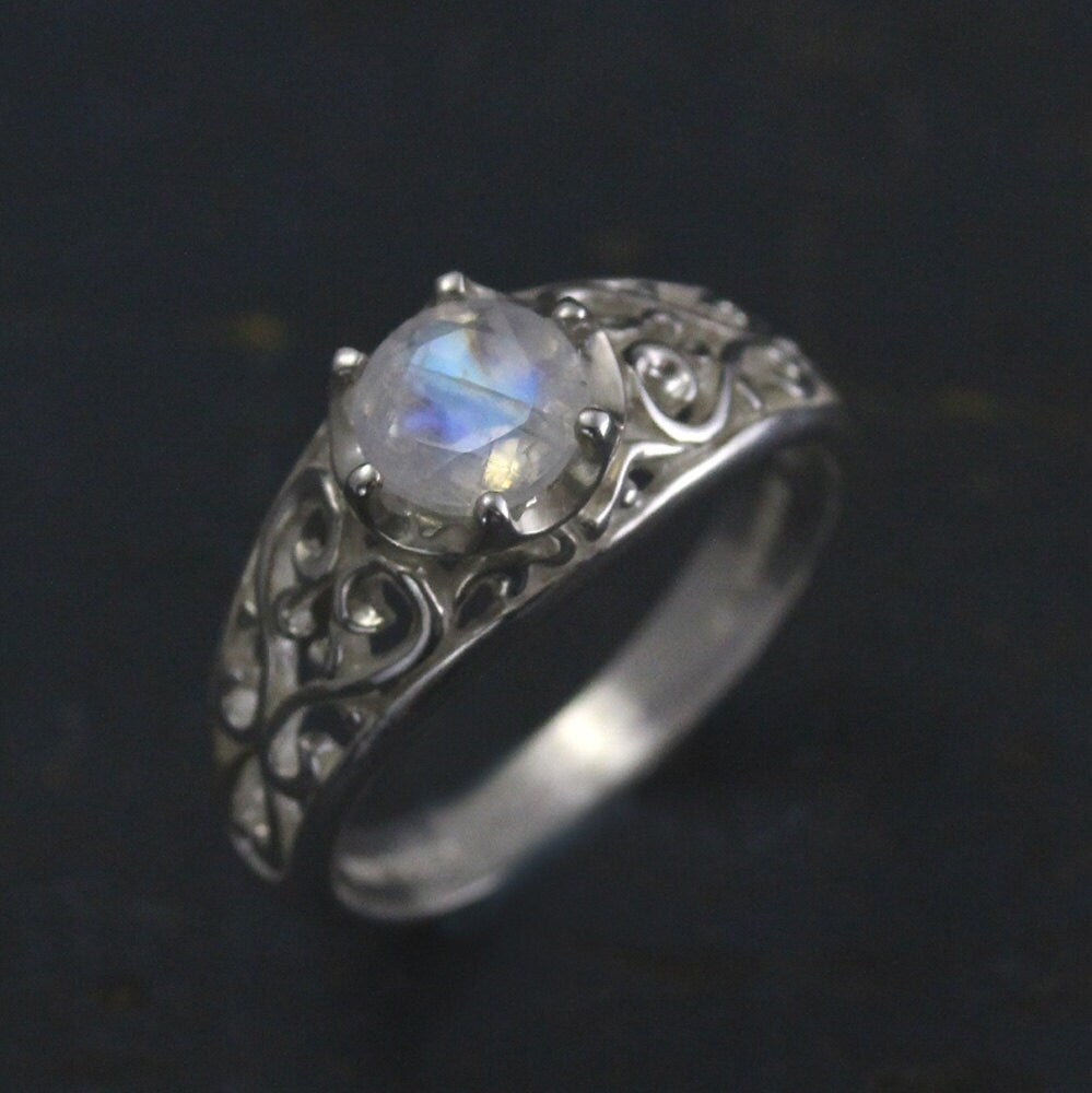 Sleeping Beauty~Rainbow Moonstone Ring~Filigree Ring~Vintage Style Ring~Antique Style Ring~Faceted Moonstone~Full Cut Moonstone