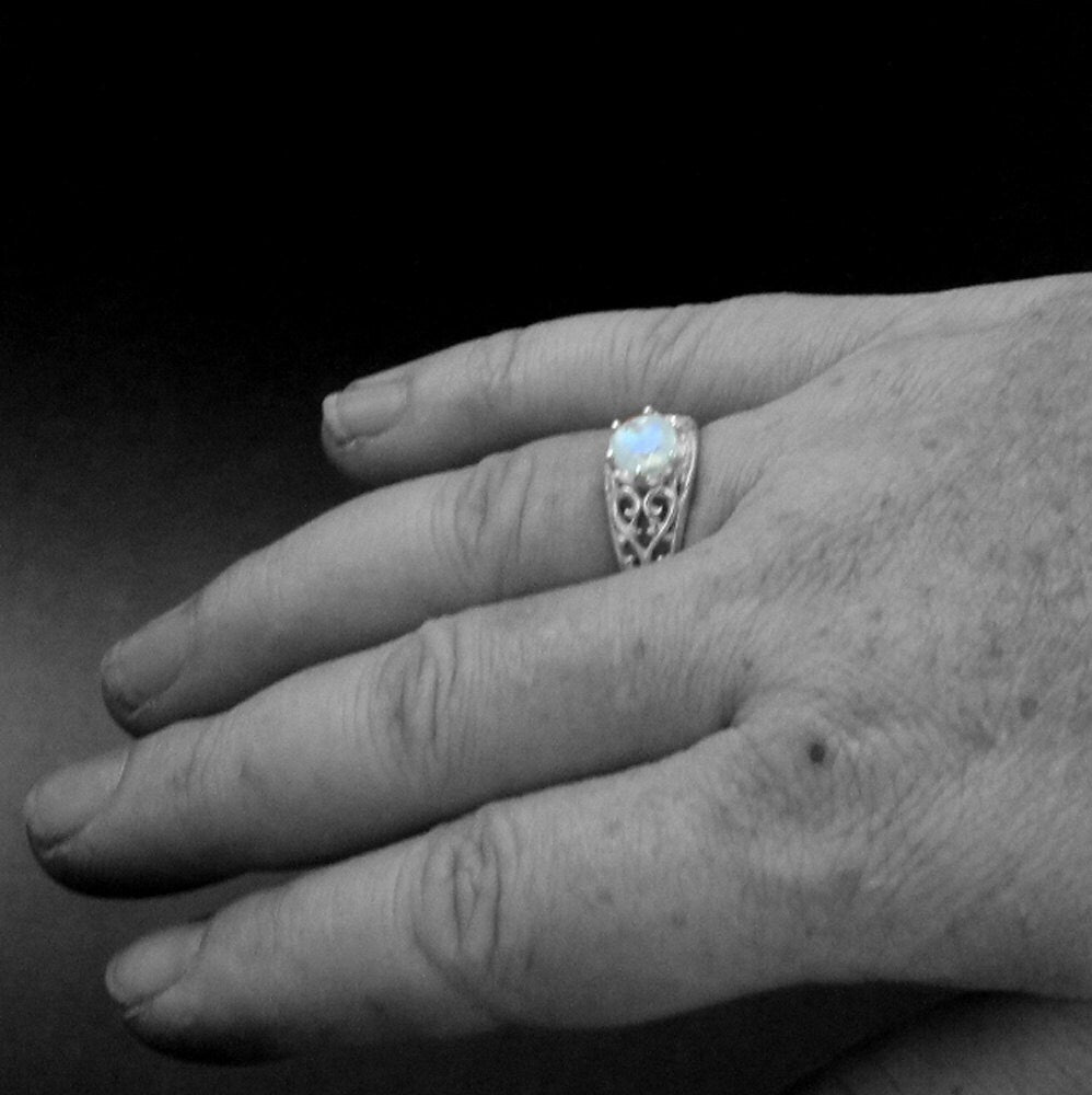 Sleeping Beauty~Rainbow Moonstone Ring~Filigree Ring~Vintage Style Ring~Antique Style Ring~Faceted Moonstone~Full Cut Moonstone