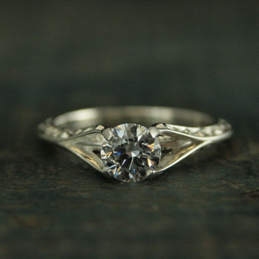 SALE Sterling Silver Engagement Ring Rapunzel Unique Engagement Ring Cathedral Setting Vine Embossed Ring White Topaz Ring CZ Promise Ring