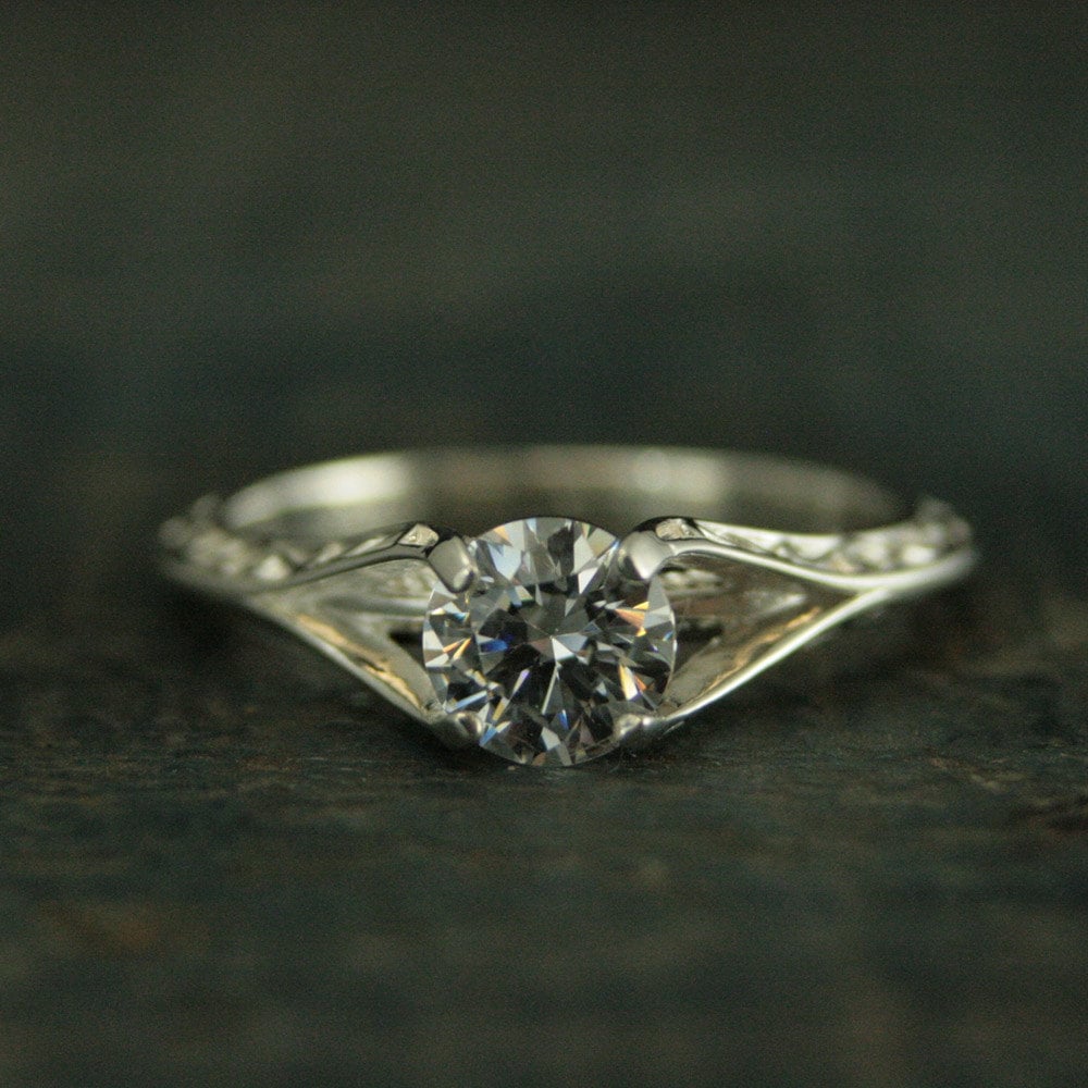 Sterling Silver Engagement Ring Rapunzel Unique Engagement Ring Cathedral Setting Vine Embossed Ring Moissanite Ring CZ Ring Promise Ring