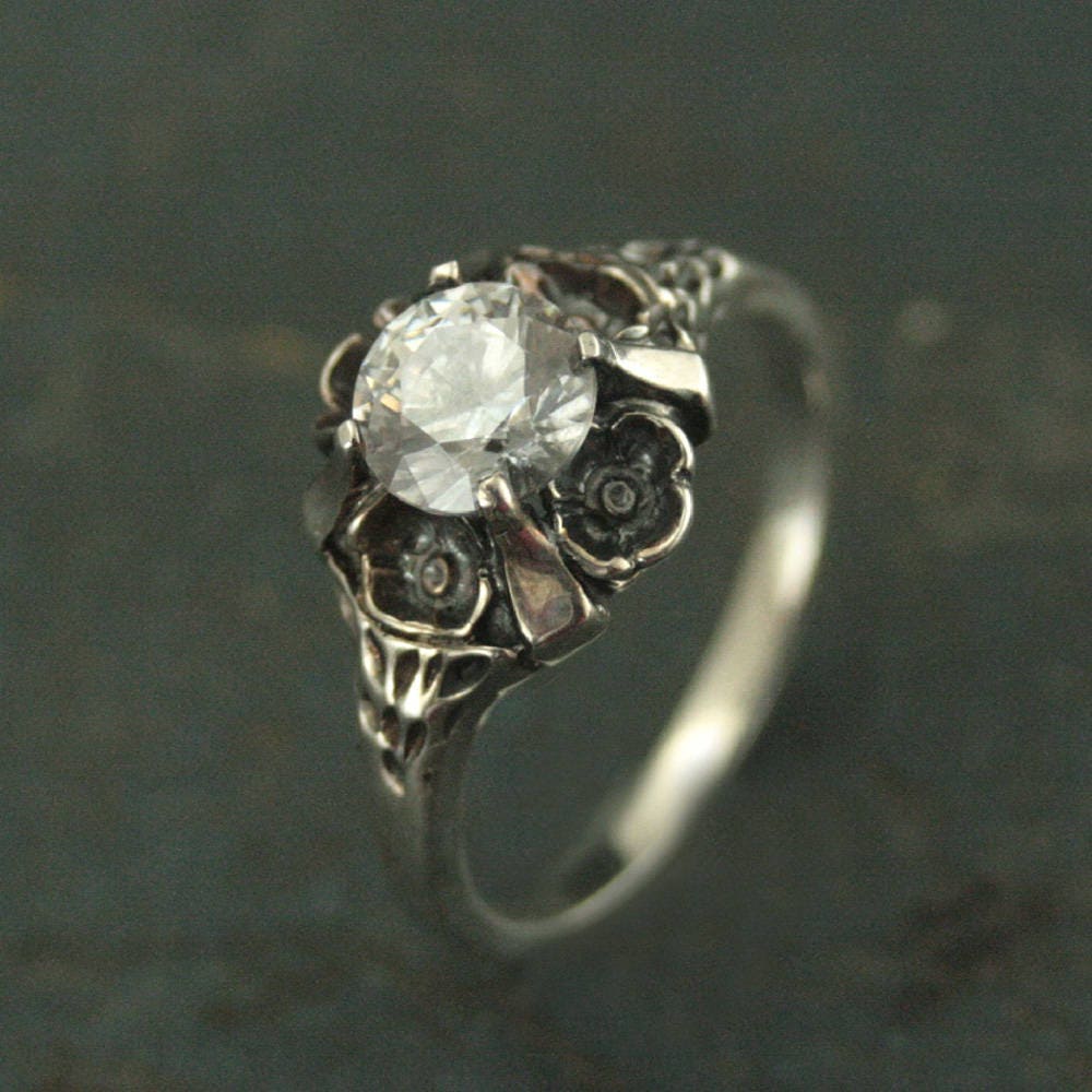 Floral Engagement Ring Antique Style Ring Vintage Style Ring Flower Ring Silver Engagement Ring Promise Ring La France Cubic Zirconia Ring