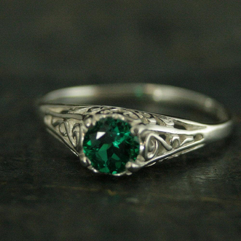 Emerald Ring Cinderella Lab Grown Emerald May Birthstone Ring Silver Engagement Ring Promise Ring Filigree Emerald Ring Vintage Style Ring