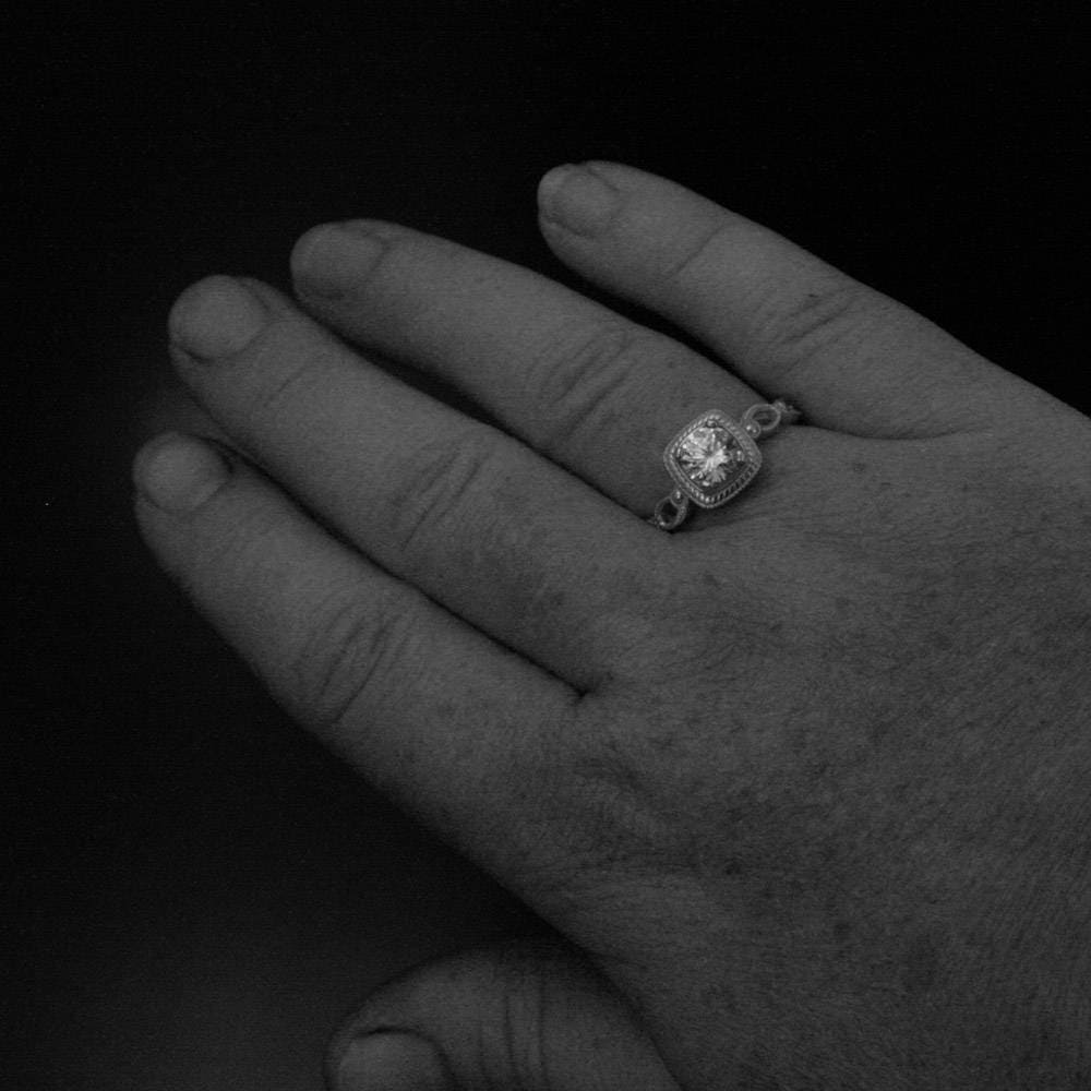 Art Deco Engagement Ring~Tiana~Halo Style Ring~Vintage Style Engagement Ring~Antique Style Engagement Ring~Silver Engagement Ring~Moissanite