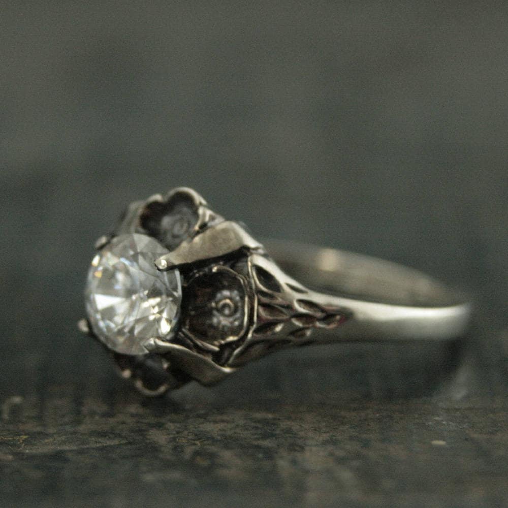 Floral Engagement Ring Antique Style Ring Vintage Style Ring Flower Ring Silver Engagement Ring Promise Ring La France Cubic Zirconia Ring