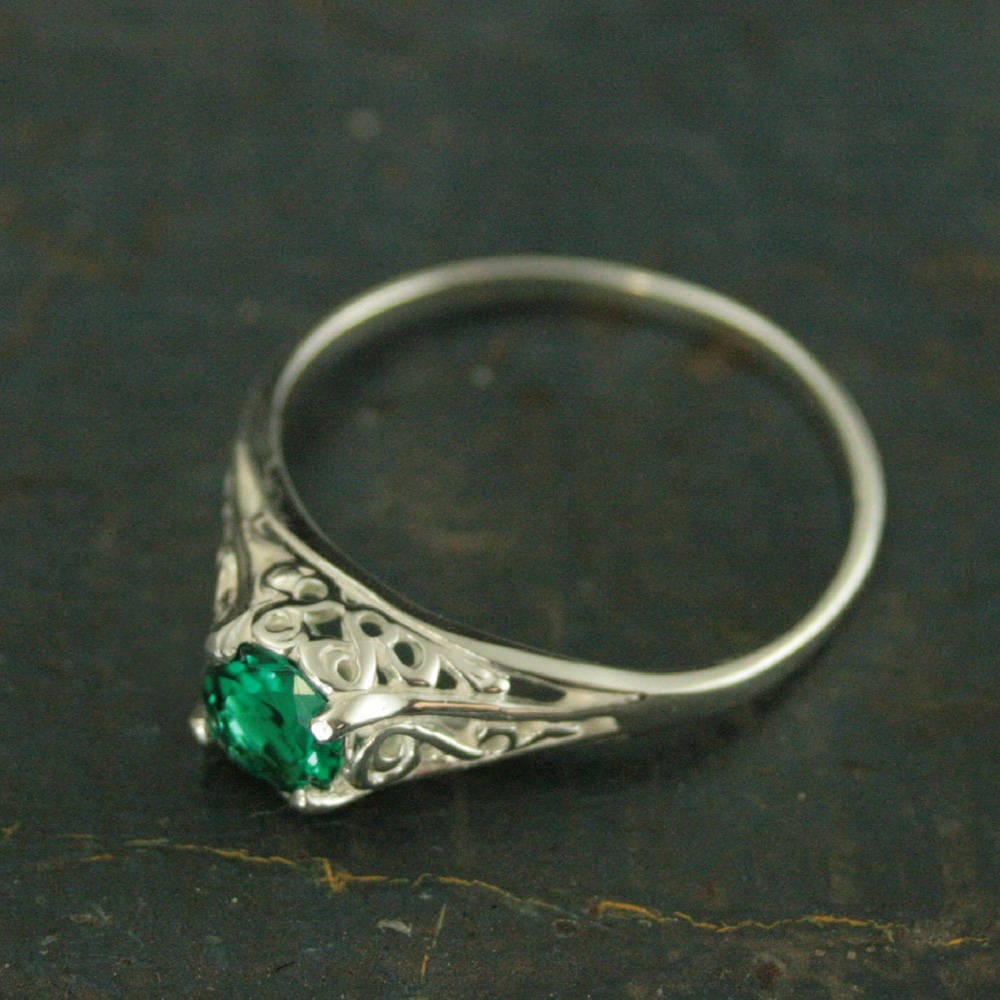Emerald Ring Cinderella Lab Grown Emerald May Birthstone Ring Silver Engagement Ring Promise Ring Filigree Emerald Ring Vintage Style Ring