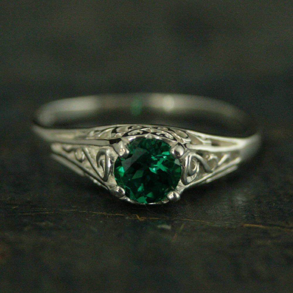 Emerald Ring Cinderella Lab Grown Emerald May Birthstone Ring Silver Engagement Ring Promise Ring Filigree Emerald Ring Vintage Style Ring