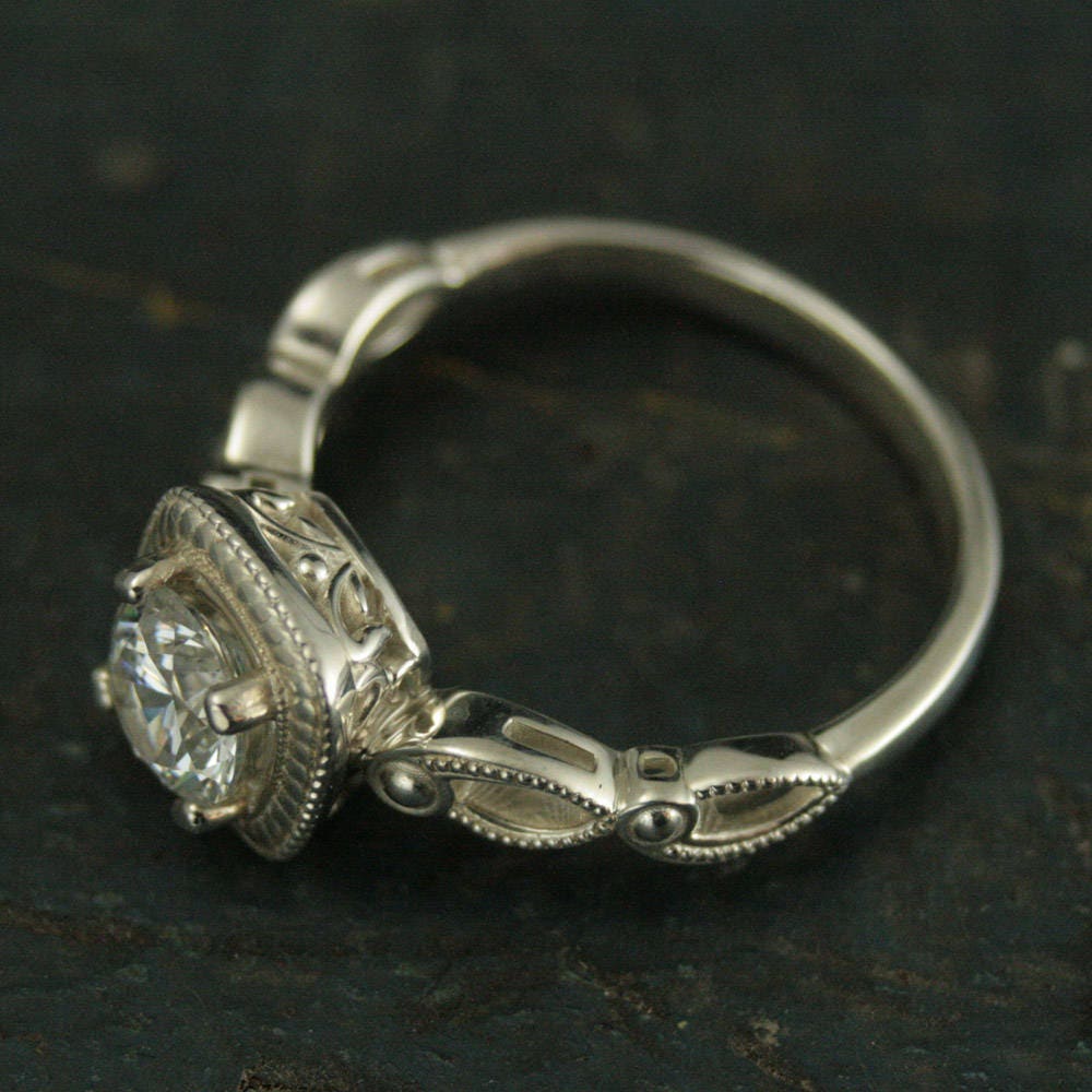 Art Deco Engagement Ring~Tiana~Halo Style Ring~Vintage Style Engagement Ring~Antique Style Engagement Ring~Silver Engagement Ring~Moissanite