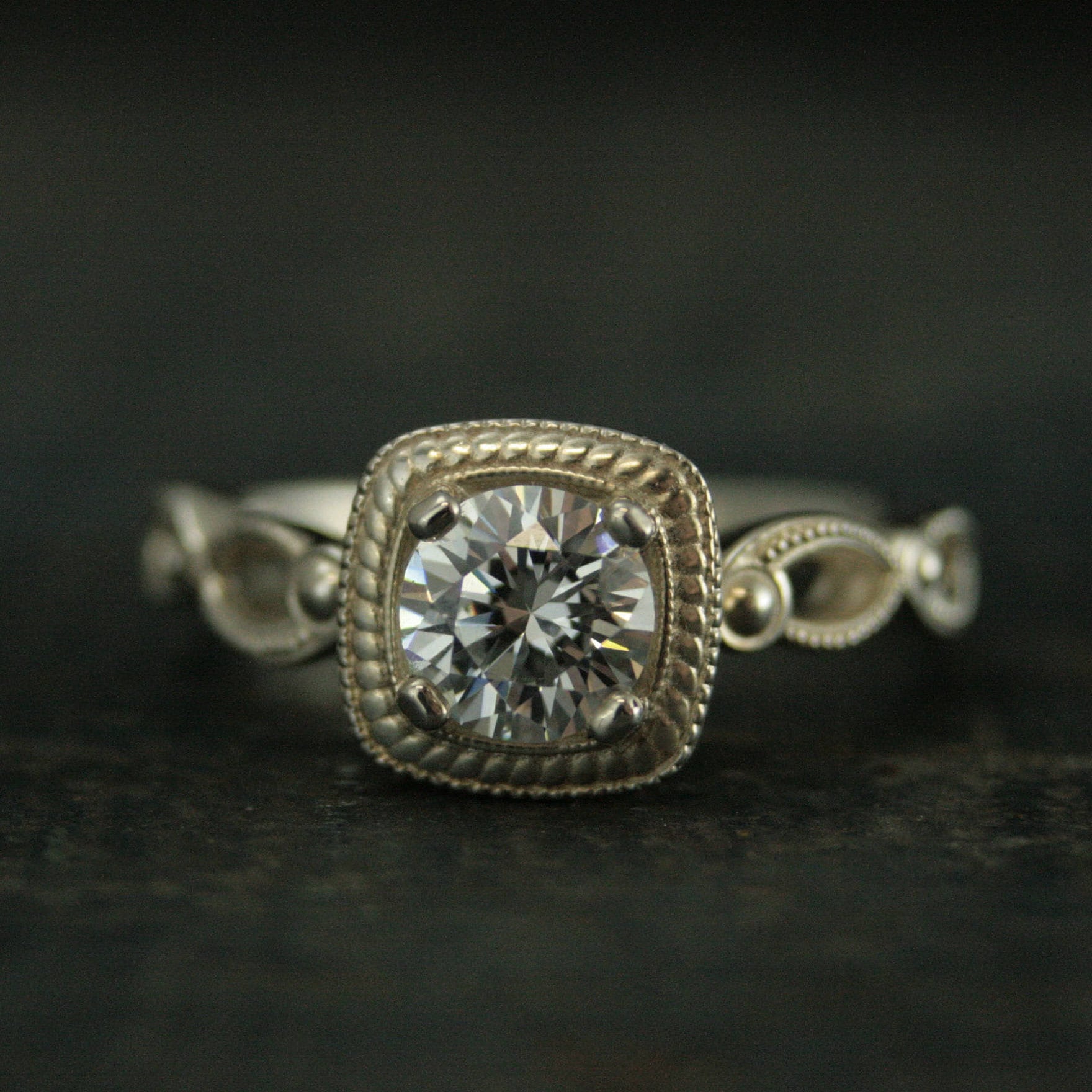 Art Deco Engagement Ring~Tiana~Halo Style Ring~Vintage Style Engagement Ring~Antique Style Engagement Ring~Silver Engagement Ring~Moissanite