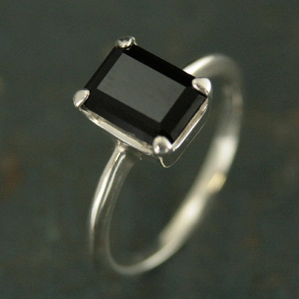 Black Onyx Ring Emerald Cut Ring Alternative Engagement Ring Silver Solitaire Ring Unique Engagement Ring Black Stone Ring Faceted Onyx Ring