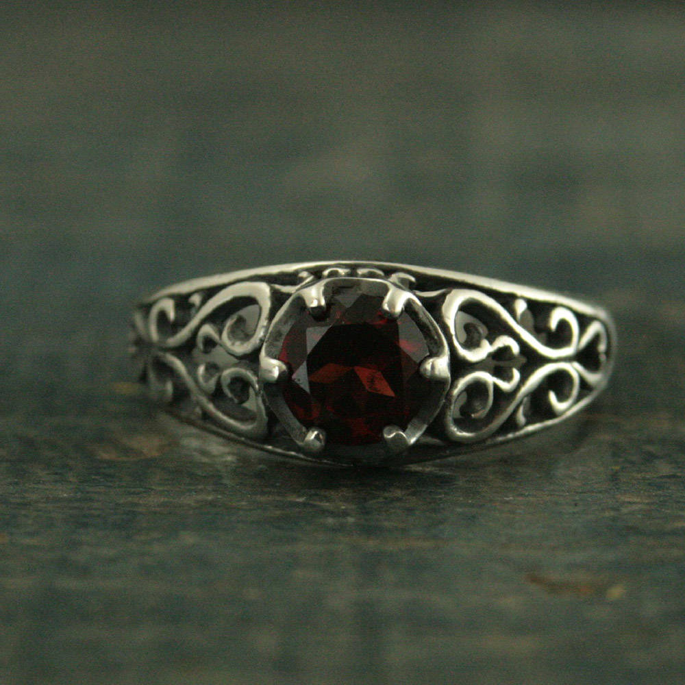 Garnet Ring Silver Filigree Ring Mozambique Garnet Red Ring Sweetheart Ring Promise Ring Maleficent's Heart Oxidized Antiqued Ring