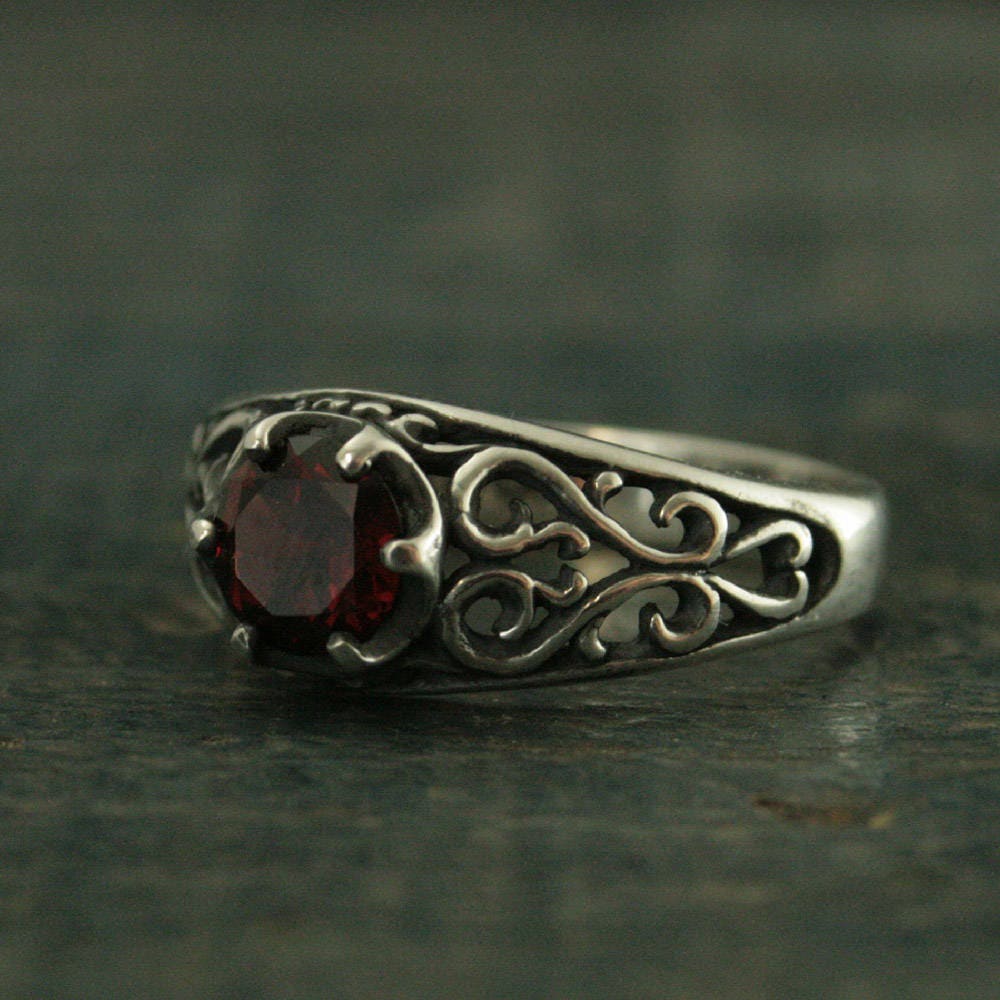 Garnet Ring Silver Filigree Ring Mozambique Garnet Red Ring Sweetheart Ring Promise Ring Maleficent's Heart Oxidized Antiqued Ring
