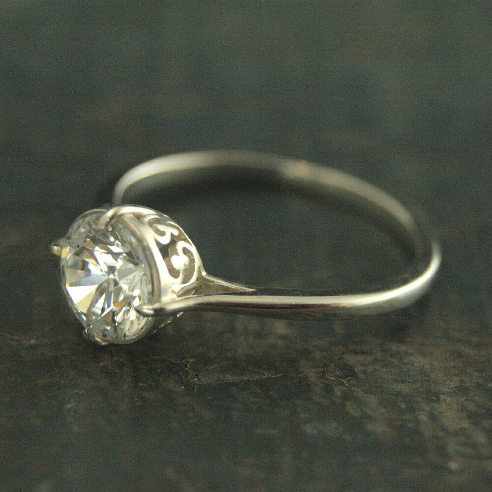 Elegant Cubic Zirconia Filigree Engagement Ring Sterling Silver Engagement Ring NSEW Prong Setting Antique Style Engagement Ring