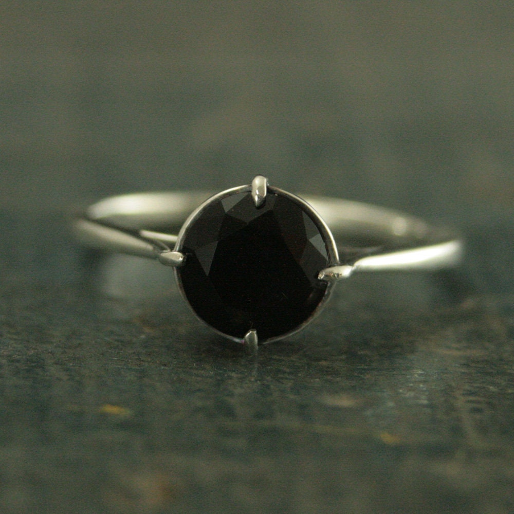 Faux Black Diamond Ring Faceted Onyx Ring Unique Engagement Ring Sterling Silver Engagement Ring NSEW Prong Setting Antique Style Ring