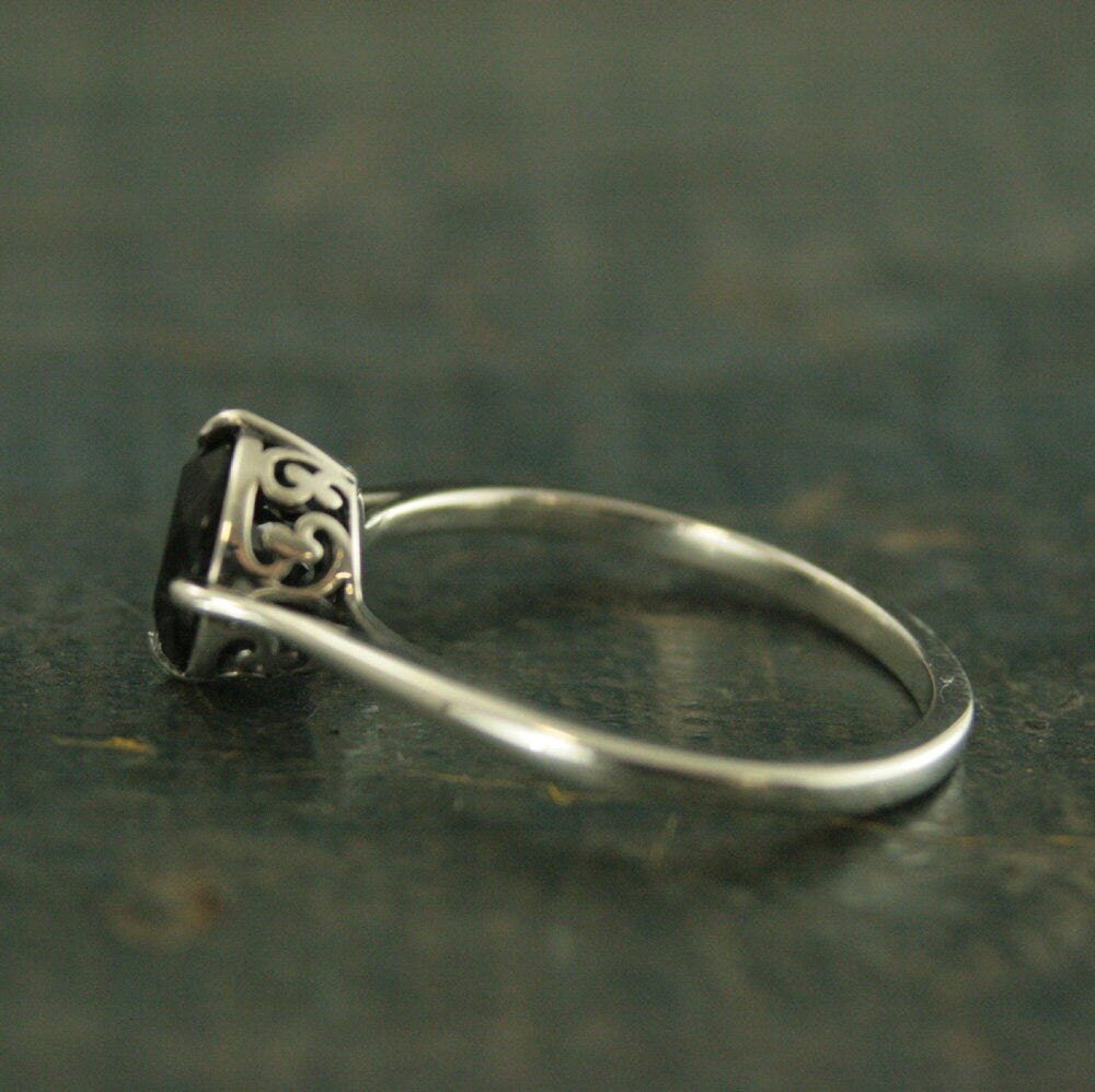 Faux Black Diamond Ring Faceted Onyx Ring Unique Engagement Ring Sterling Silver Engagement Ring NSEW Prong Setting Antique Style Ring