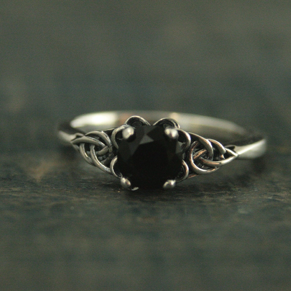 Silver Celtic Ring Black Onyx Full Cut Faceted Onyx The Raven Ring Unique Engagement Ring Black Stone Ring Faux Black Diamond Celtic Knot