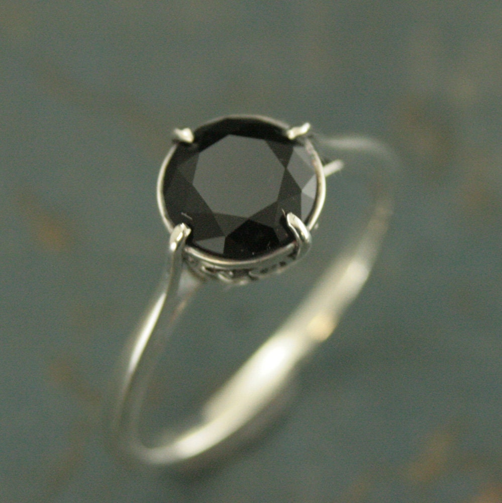 Faux Black Diamond Ring Faceted Onyx Ring Unique Engagement Ring Sterling Silver Engagement Ring NSEW Prong Setting Antique Style Ring
