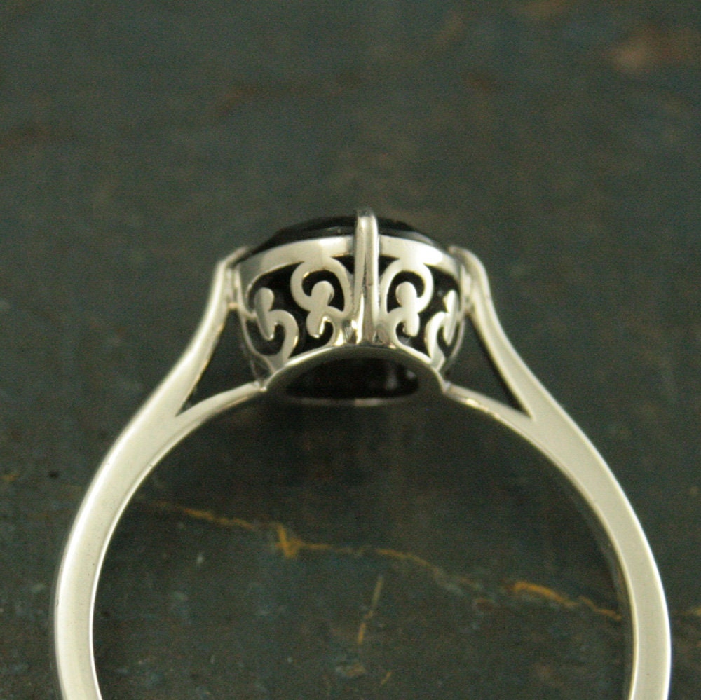 Faux Black Diamond Ring Faceted Onyx Ring Unique Engagement Ring Sterling Silver Engagement Ring NSEW Prong Setting Antique Style Ring