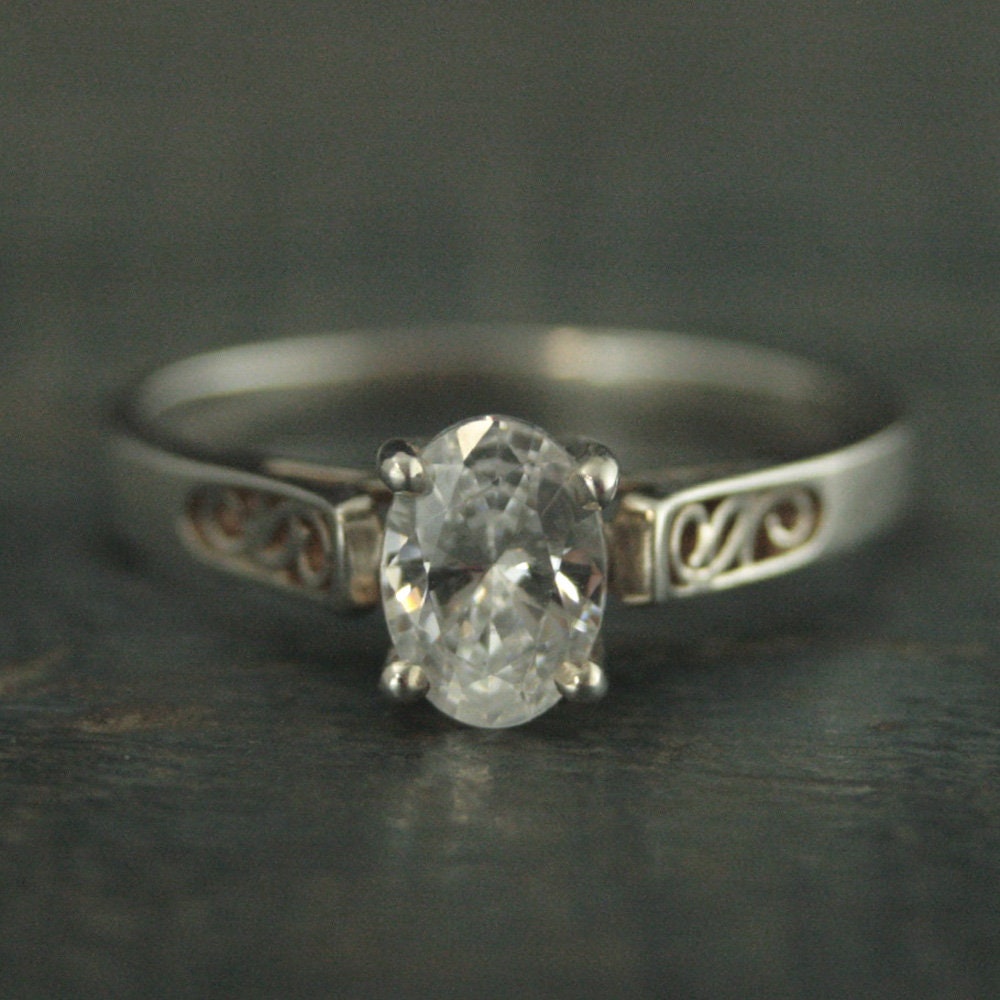 Oval Engagement Ring Silver Scroll Design Ring Cathedral Setting Oval Solitaire Sterling Silver Filigree Engagement Ring Vintage Design