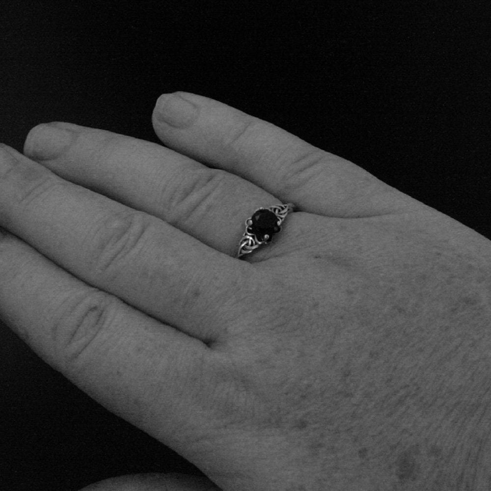 Silver Celtic Ring Black Onyx Full Cut Faceted Onyx The Raven Ring Unique Engagement Ring Black Stone Ring Faux Black Diamond Celtic Knot