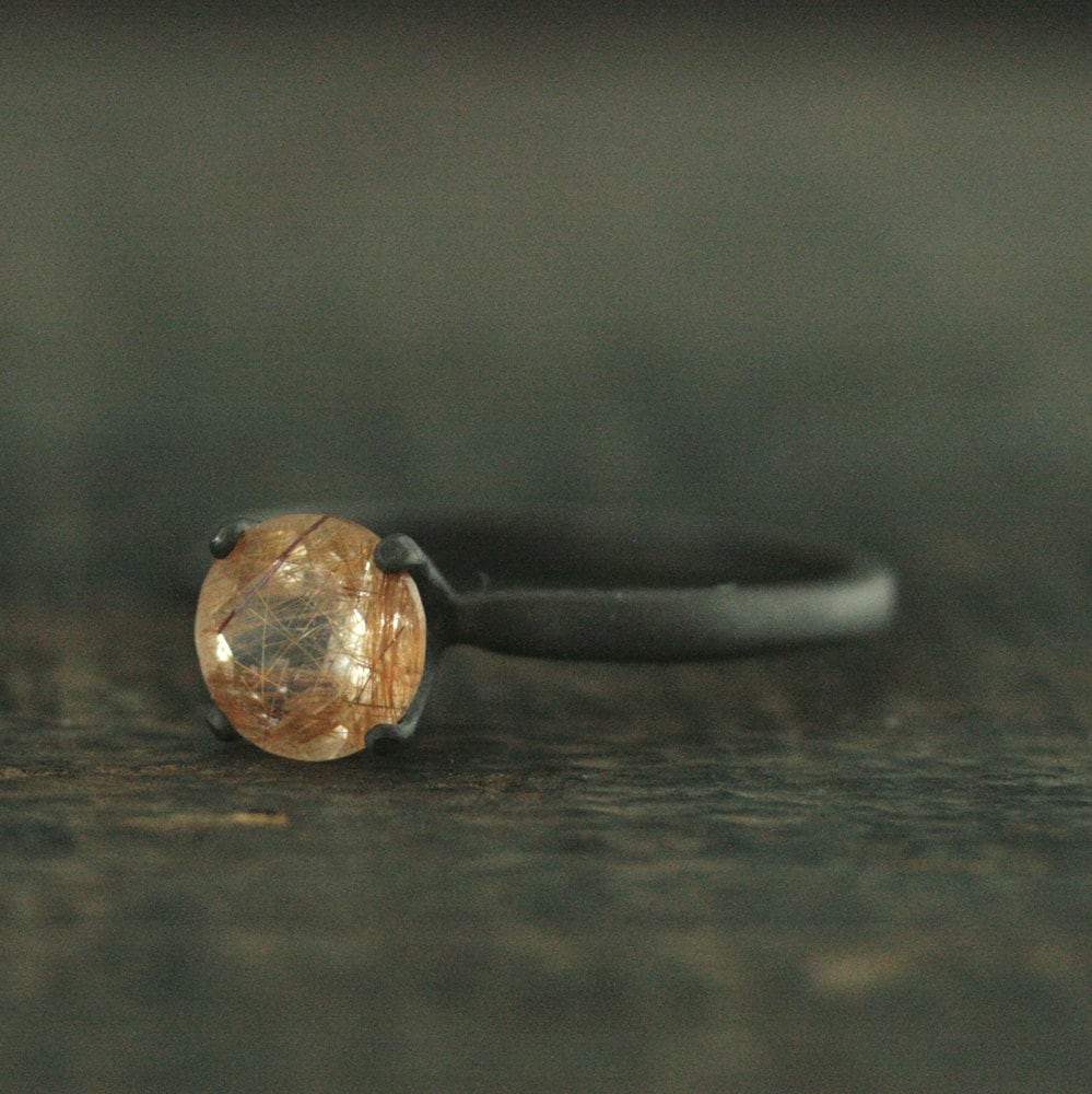 Flat Black Engagement Ring Oxidized Black Ring Copper Rutilated Quartz Ring Simple Black Solitaire Black and Orange Halloween Jewelry Witch