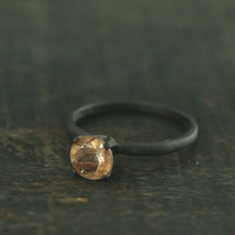Flat Black Engagement Ring Oxidized Black Ring Copper Rutilated Quartz Ring Simple Black Solitaire Black and Orange Halloween Jewelry Witch