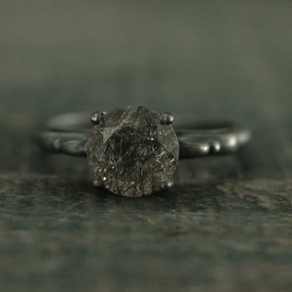 Black Rutilated Quartz Ring Black Engagement Ring Alternative Engagement Ring Unique Engagement Ring Gothic Queen Ring Vintage Style Ring