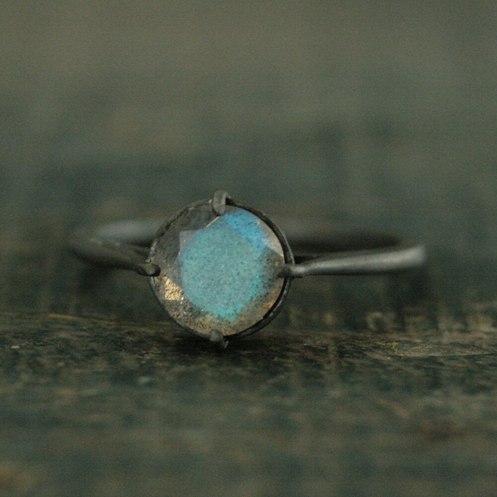 Labradorite Ring Black Silver Ring Alternative Engagement Ring 7mm Labradorite Faceted Stone NSEW Delicate Setting Claw Prongs Black Ring