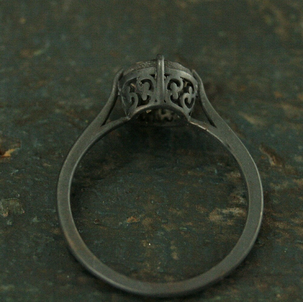 Labradorite Ring Black Silver Ring Alternative Engagement Ring 7mm Labradorite Faceted Stone NSEW Delicate Setting Claw Prongs Black Ring