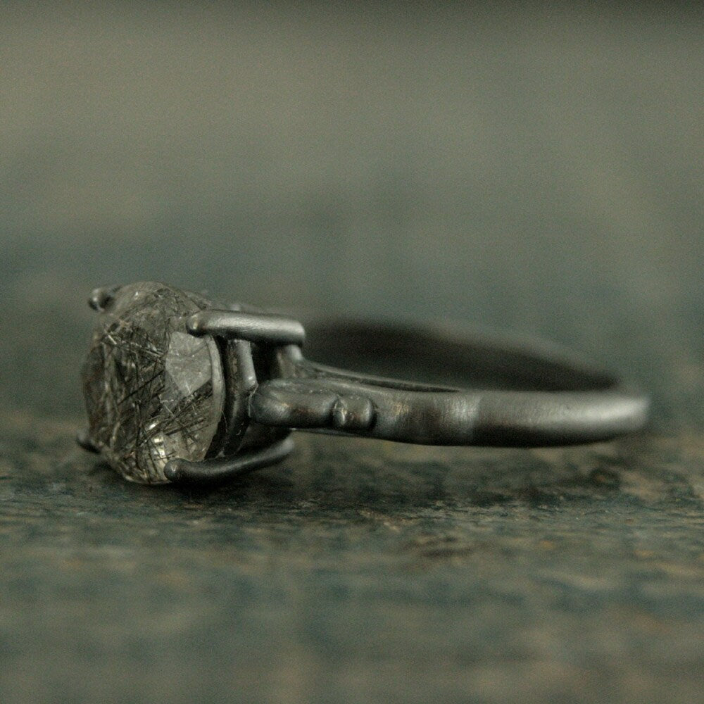 Black Rutilated Quartz Ring Black Engagement Ring Alternative Engagement Ring Unique Engagement Ring Gothic Queen Ring Vintage Style Ring