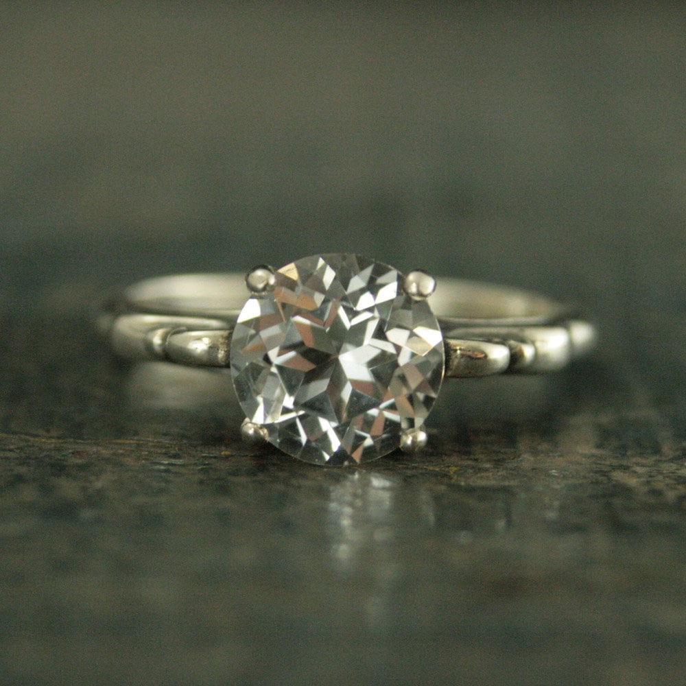 Large 8mm Solitaire Ring Scroll Setting Antique Style Ring Vintage Style Ring Queen Ring Cubic Zirconia Ring White Topaz Ring Silver