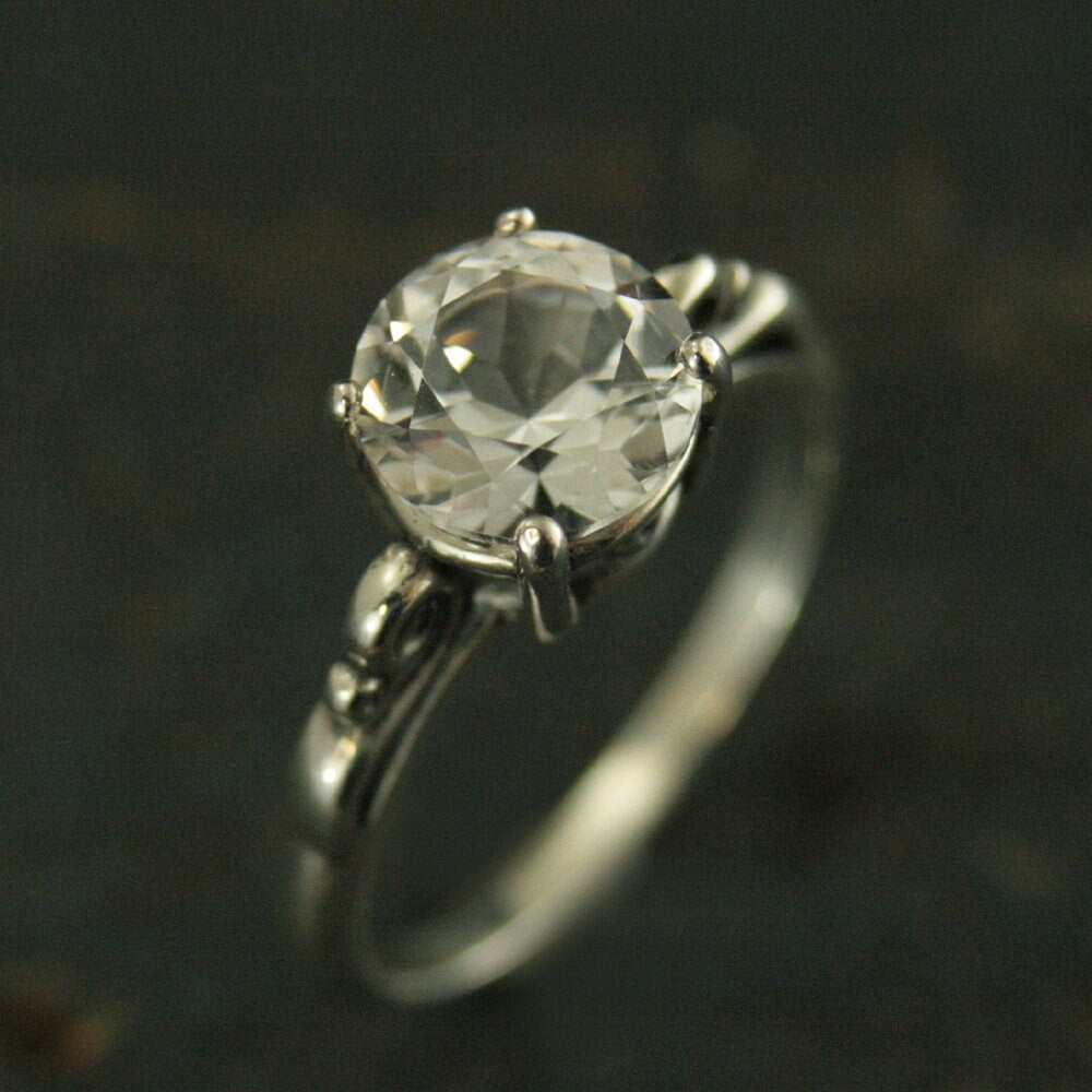 Large 8mm Solitaire Ring Scroll Setting Antique Style Ring Vintage Style Ring Queen Ring Cubic Zirconia Ring White Topaz Ring Silver