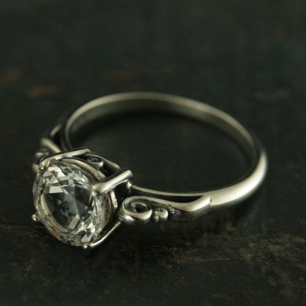 Large 8mm Solitaire Ring Scroll Setting Antique Style Ring Vintage Style Ring Queen Ring Cubic Zirconia Ring White Topaz Ring Silver