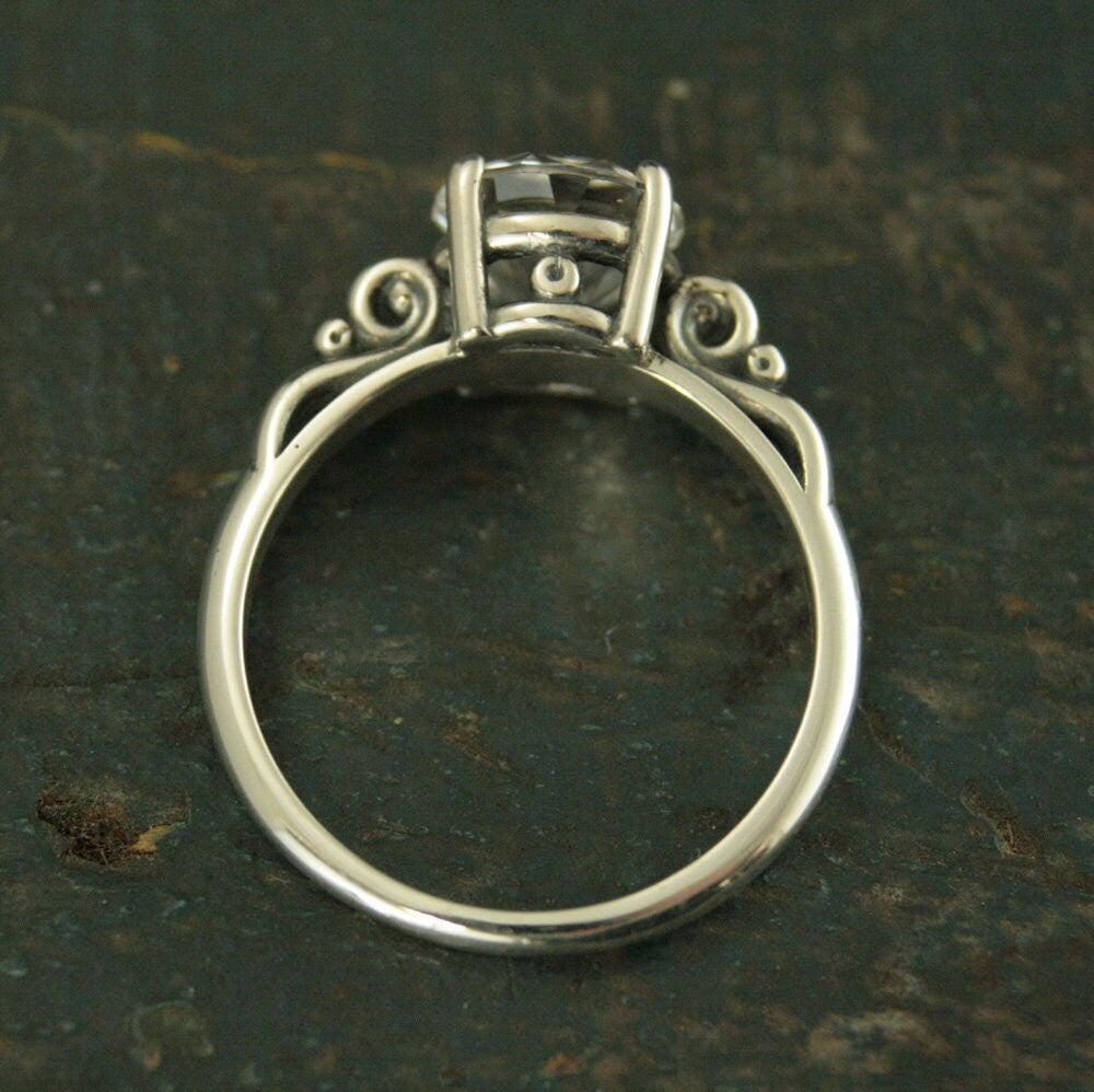 Large 8mm Solitaire Ring Scroll Setting Antique Style Ring Vintage Style Ring Queen Ring Cubic Zirconia Ring White Topaz Ring Silver