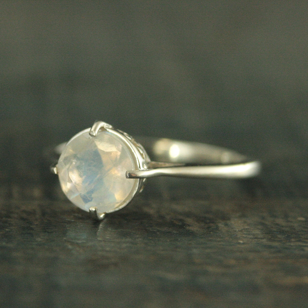 Rainbow Moonstone Ring~Filigree Engagement Ring~NSEW Setting~7mm Solitaire~Large Full Cut Moonstone Ring~Vintage Style Ring~Antique Style