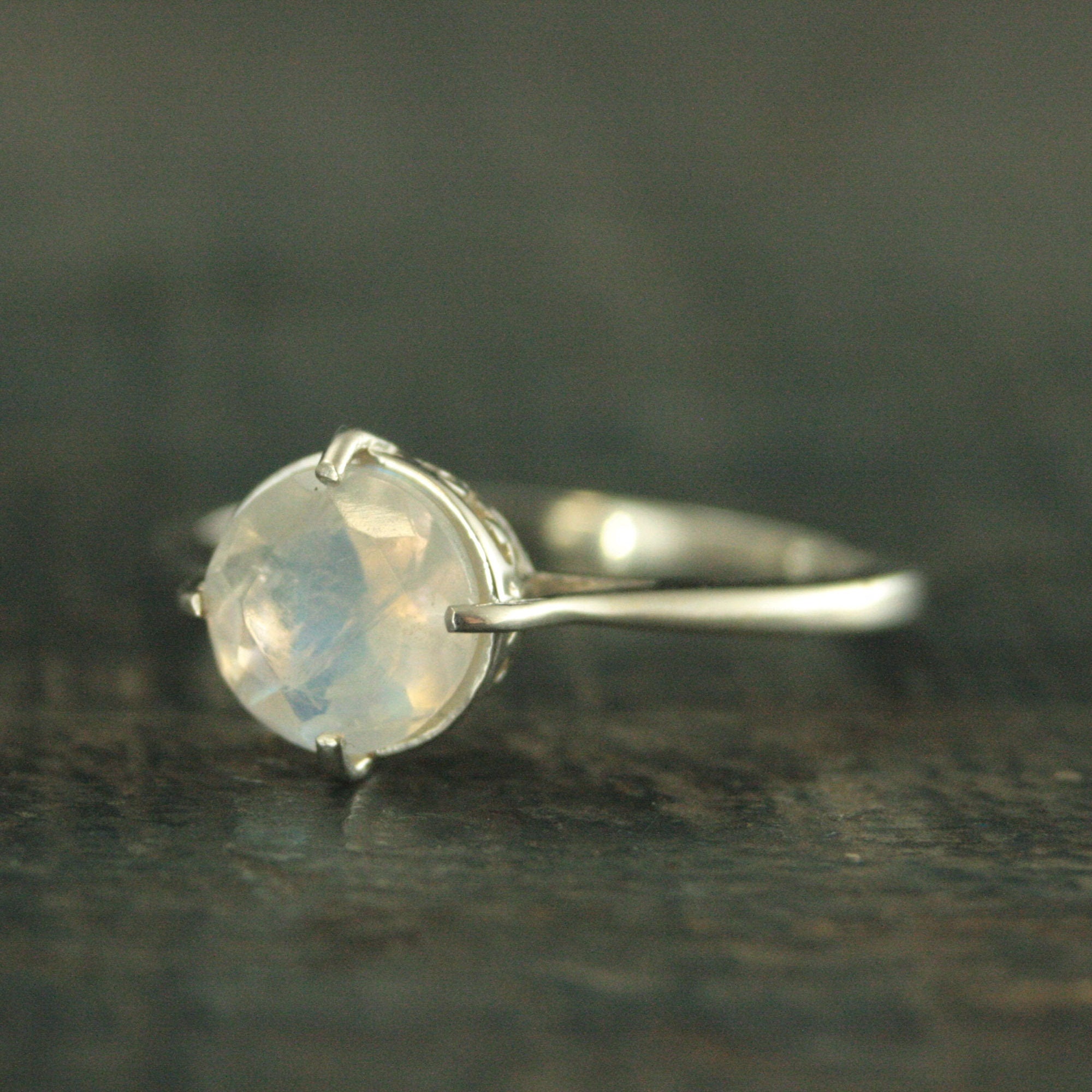 Rainbow Moonstone Ring~Filigree Engagement Ring~NSEW Setting~7mm Solitaire~Large Full Cut Moonstone Ring~Vintage Style Ring~Antique Style