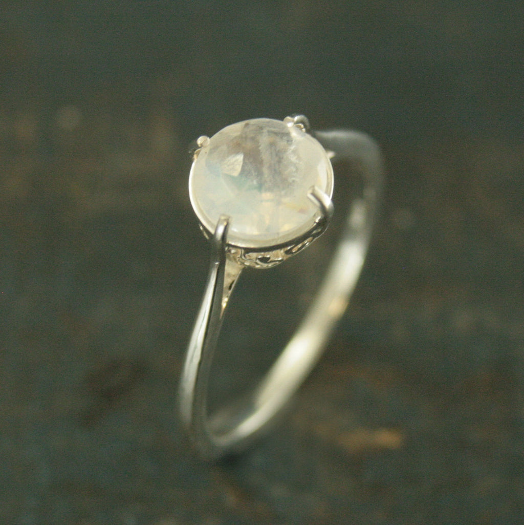Rainbow Moonstone Ring~Filigree Engagement Ring~NSEW Setting~7mm Solitaire~Large Full Cut Moonstone Ring~Vintage Style Ring~Antique Style