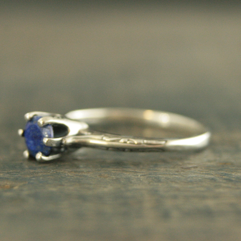 Lapis Engagement Ring Silver Ariel Ring Blue Stone Ring Denim Blue Stone Vintage Style Ring 6 Prong Setting Cathedral Solitaire Silver Ring