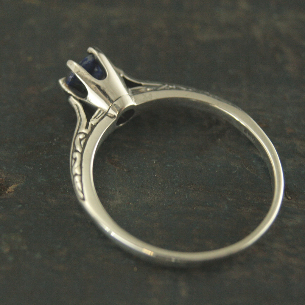 Lapis Engagement Ring Silver Ariel Ring Blue Stone Ring Denim Blue Stone Vintage Style Ring 6 Prong Setting Cathedral Solitaire Silver Ring